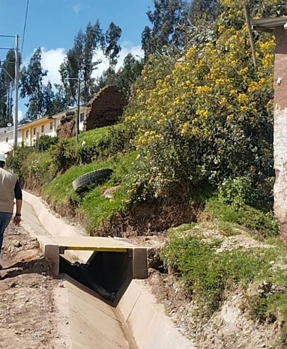 Cuneta de concreto terminada con un pase vehicular, al pie de un talud con vegetación